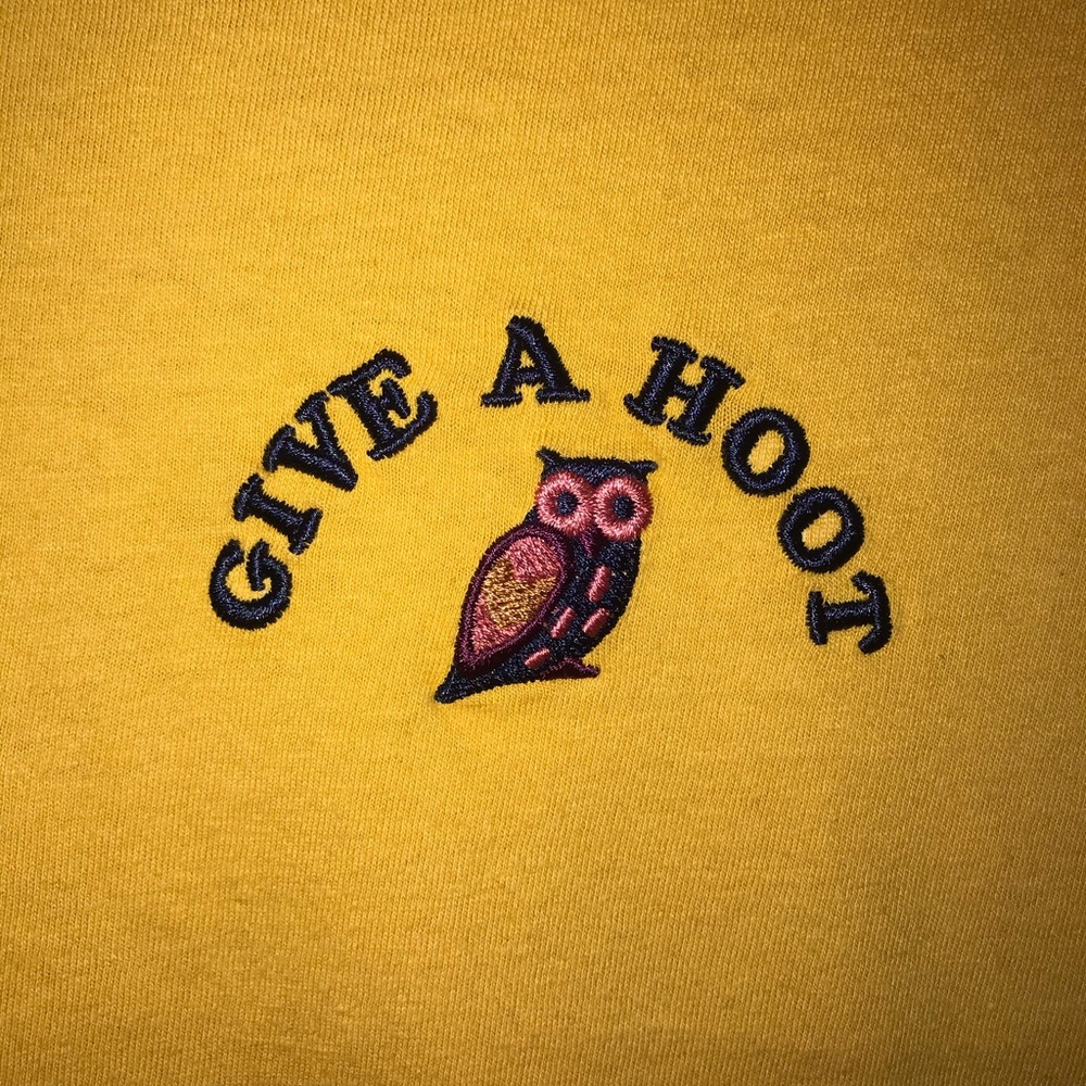 Mustard Yellow Give A Hoot short sleeve tee